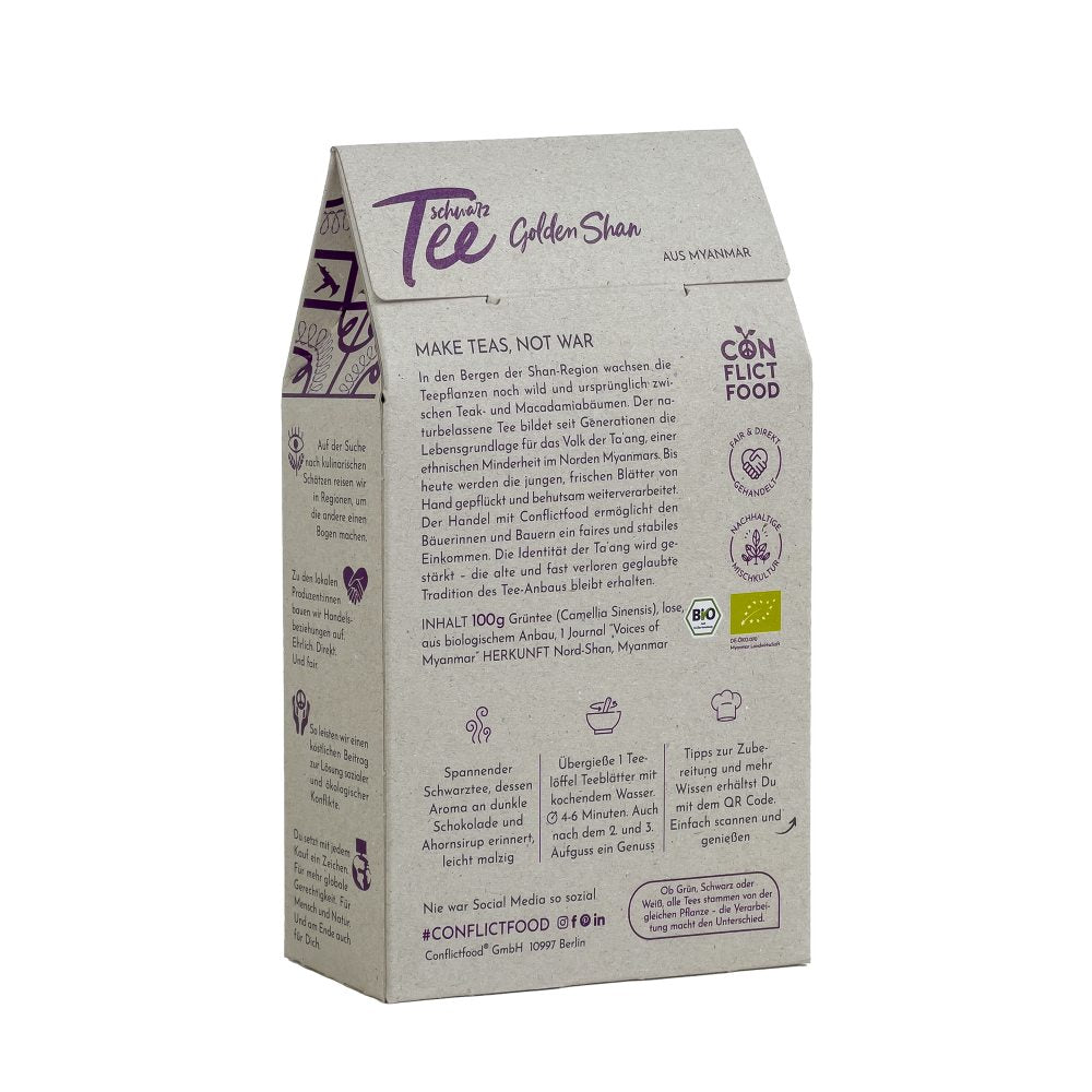 Rückseite der Geschenkverpackung von Schwarzerm Tee Golden Shan aus Myanmar von Conflictfood in Bio-Qualität.