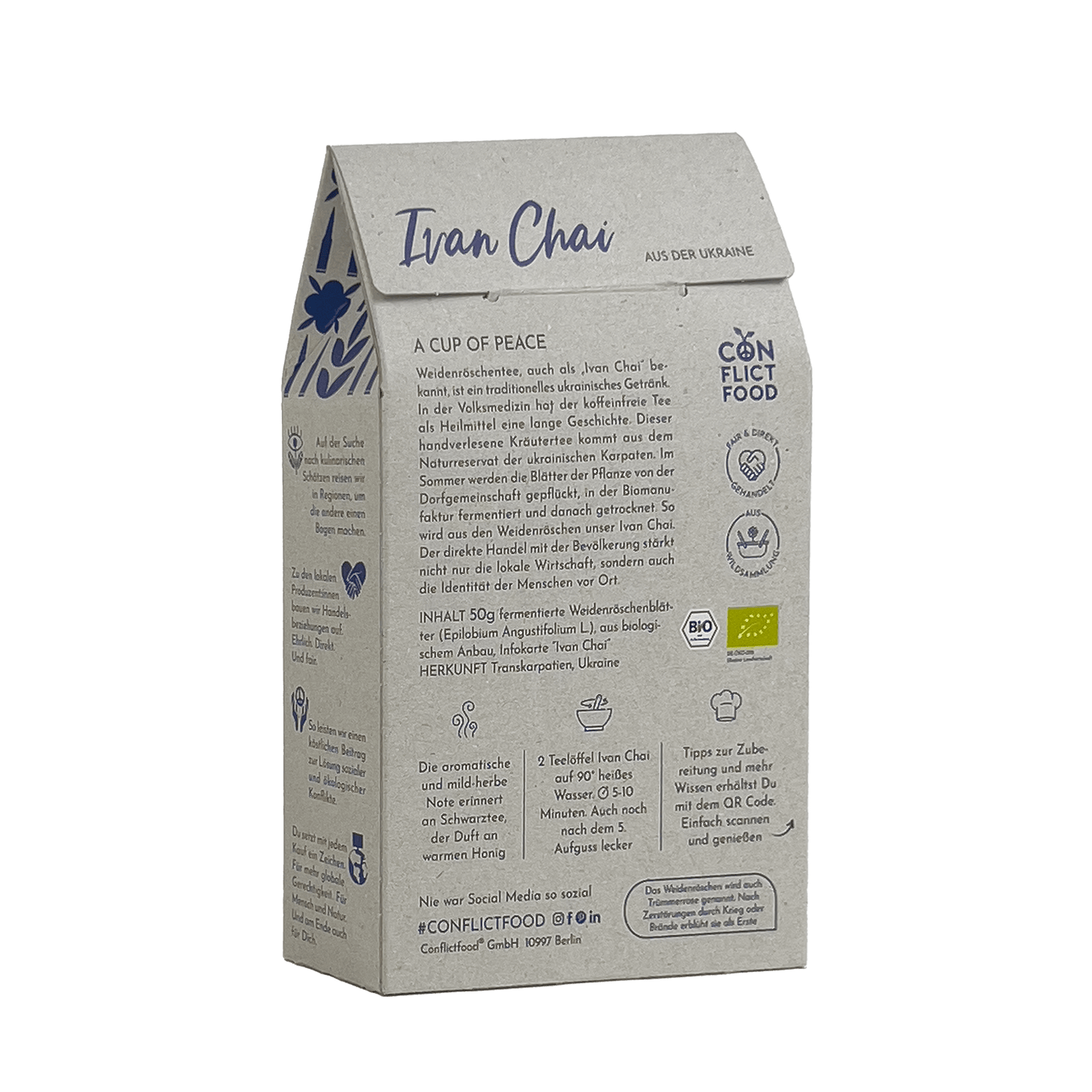 Rückseite der Geschenkverpackung vom Bio-Kräutertee Ivan Chai aus der Ukraine von Conflictfood.