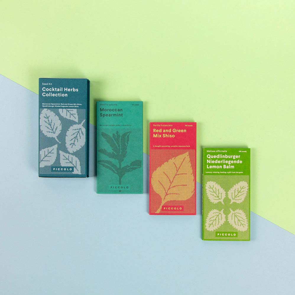 Marokkanische Minze, Zitronenmelisse und Shiso Saatgut-Set Cocktail Herbs von Piccolo.