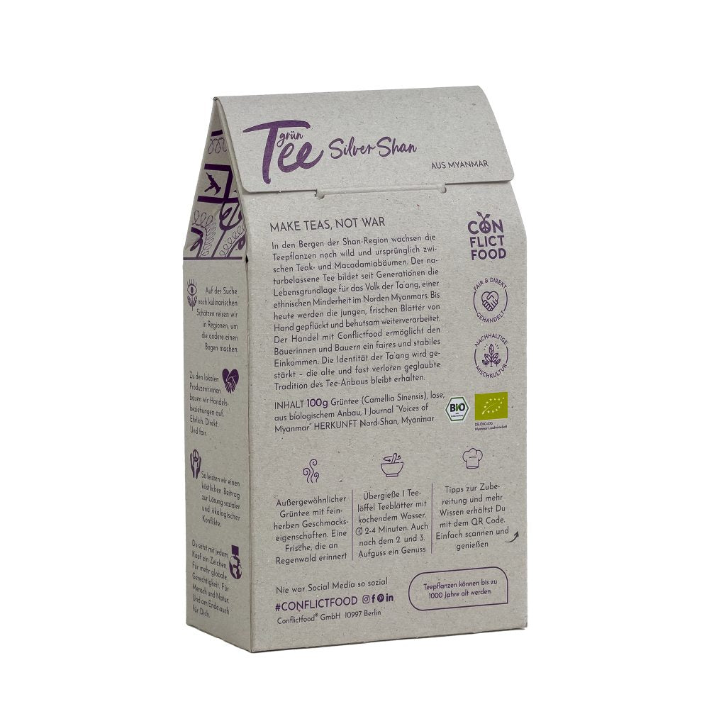 Foto der Rückseite der Geschenkverpackung Grüner Tee Silver Shan aus Myanmar von Conflictfood.