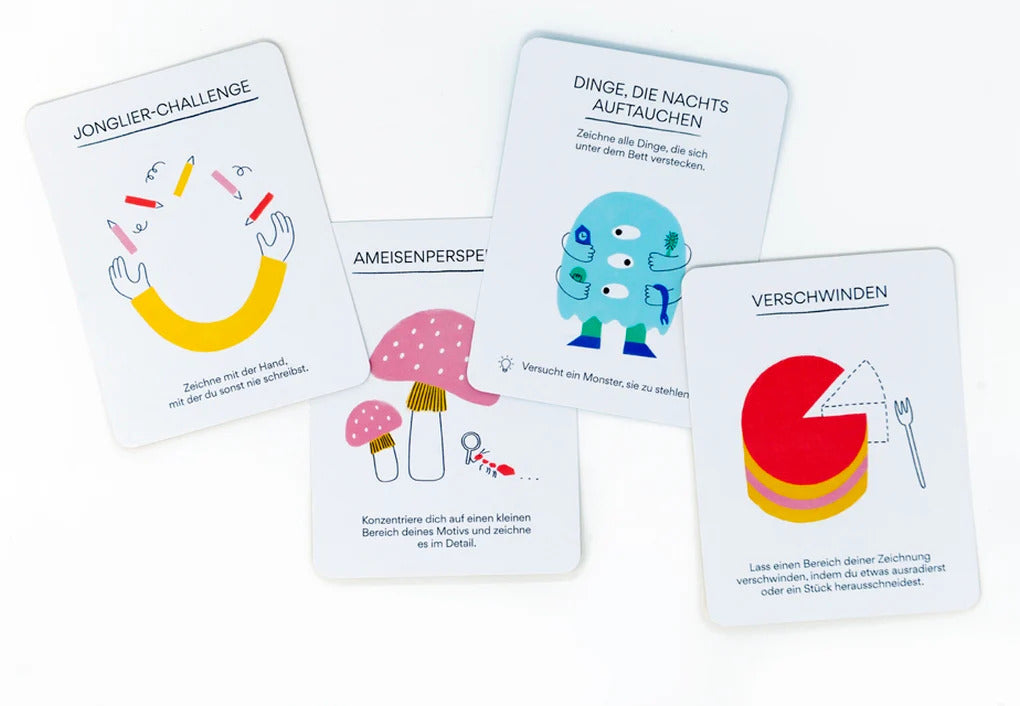 Beispielkarten Kunst aus der Box, z.B. Jonglier-Challenge, Ameisenperspektive, Dinge, die Nachts auftauchen oder verschwinden