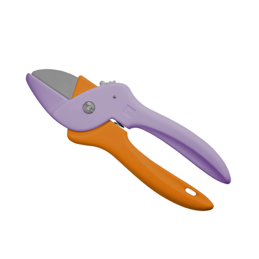 Hochwertige Blumenschere in orange und flieder aus der Scherenmanufaktur Paul.