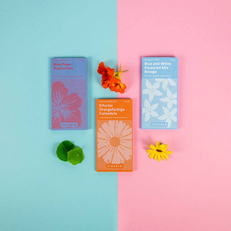 Saatgut-Set Edible Flowers von Piccolo Samen für essbare Blumen: Kapuzinerkresse, Boretsch und Ringelblume.