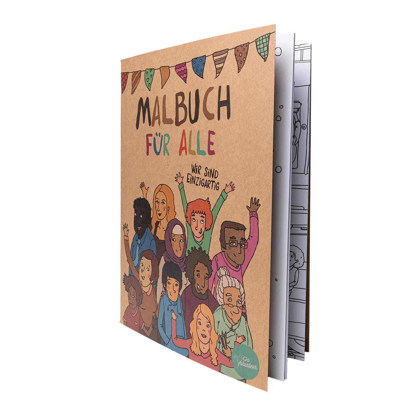 Titelseite mit angeschnittenem Blick ins Buch vom Malbuch für Alle von Hautfarben.