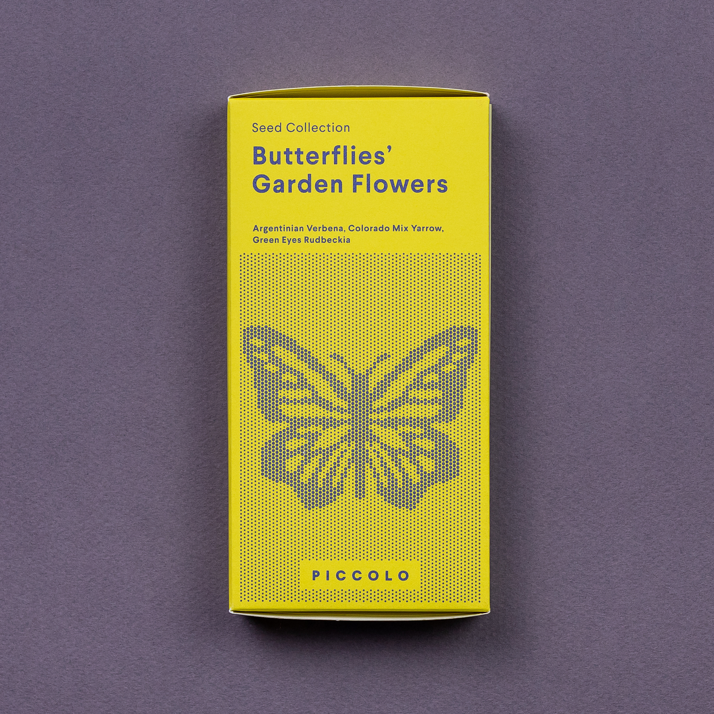 Saatgut-Set Butterflies Garden Flowers von Piccolo Umverpackung von vorne.