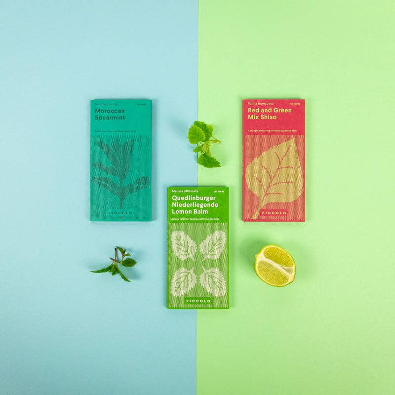 Saatgut-Set Cocktail Herbs von Piccolo mit Samen für verschiedene Kräuter: Marokkanische Minze, Zitronenmelisse und Shiso.