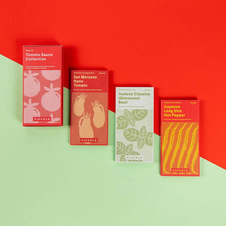 Saatgut-Set Tomato Sauce von Piccolo Samen für Zutaten für Tomatensauce: Tomaten, Basilikum und Perperoni.