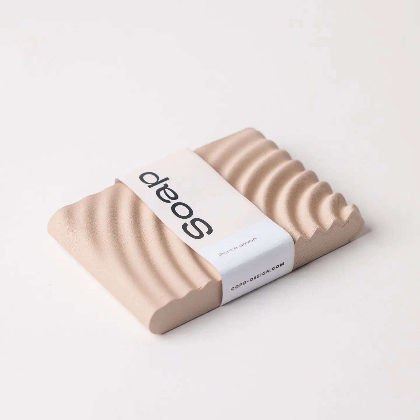 3 d gedruckte Seifenschale mit Banderole in Wellenform in sandfarben