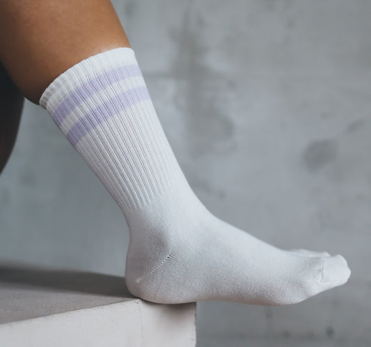 fairtrade socken cream mit lila Streifen mit Baumwolle (bio)