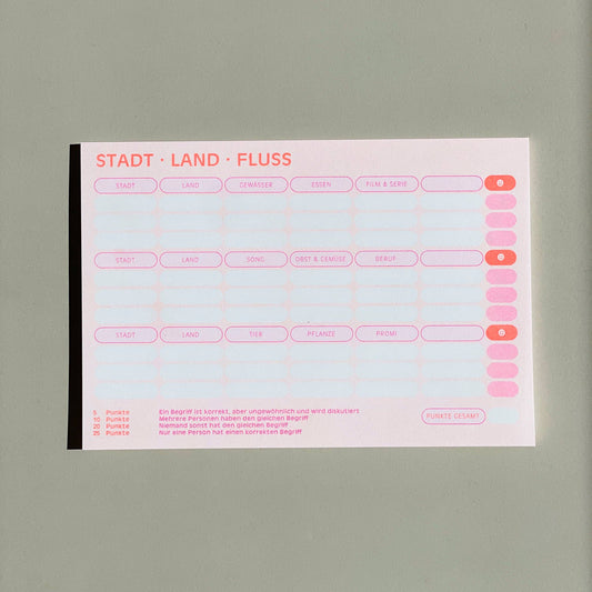 Stadt Land Fluss risogedruckter Spielblock - HERR & FRAU RIO