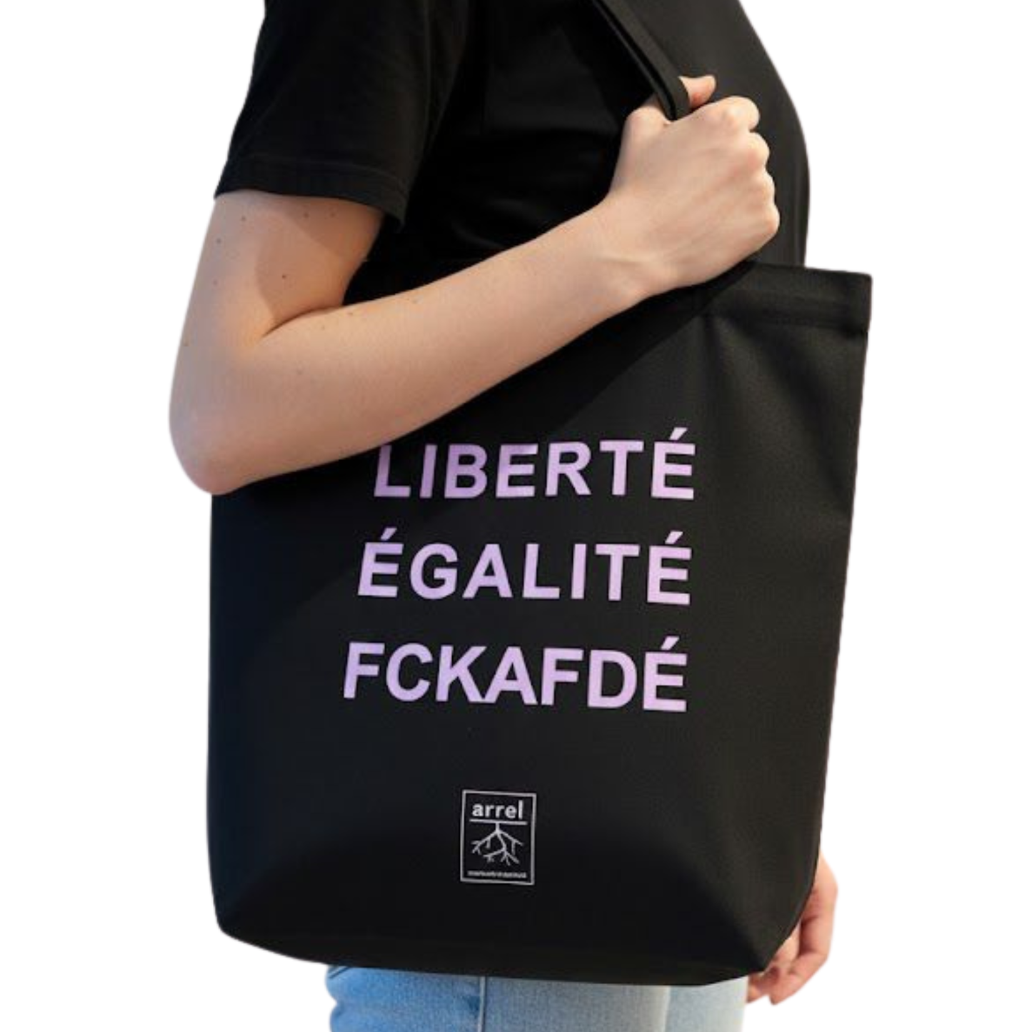 Schwarze Baumwolltasche mit lila Aufdruck: LIBERTÉ ÉGALITÉ FCKAFDÉ