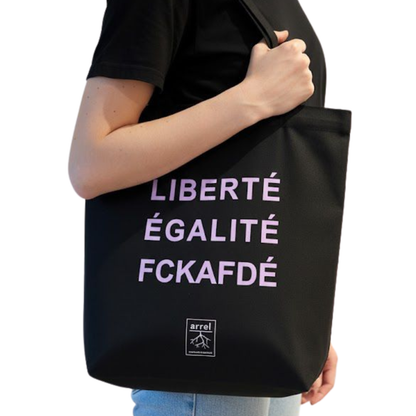 Schwarze Baumwolltasche mit lila Aufdruck: LIBERTÉ ÉGALITÉ FCKAFDÉ