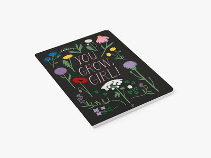 Notizheft schwarz mit Blumen und YOU GROW GIRL! Aufdruck