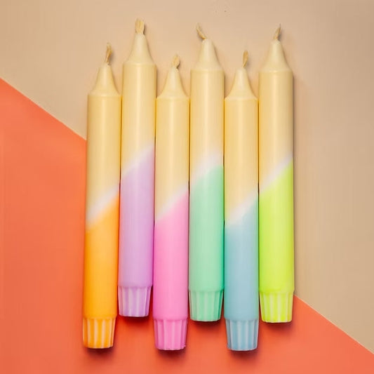 6er Set Kerzen oben gelb unten orange, lila, rosa, mint, hellblau und neongelb
