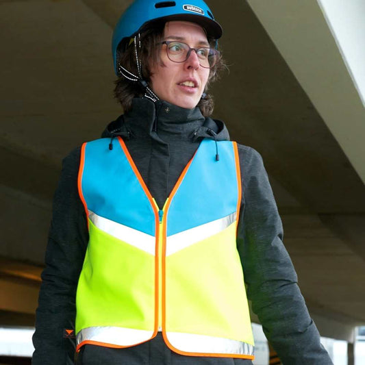 Blau/gelbe Fahrrad Warnweste mit stark reflektierenden Streifen