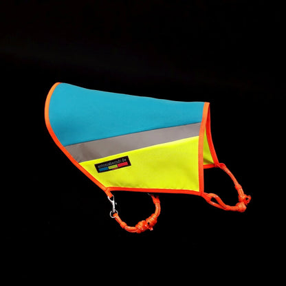 schöne Warnweste Bunter Hund Signalweste Turnbeutel reflex neon fair Bielefeld Hundeaccessoires Hunde Warnwesten Hundeweste Leuchtweste blau gelb