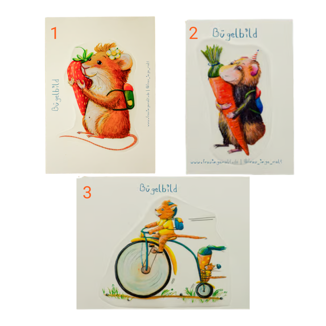 Auswahl von Bügelbildern für individualisierbare Schultüte: Maus mit Erdbeere, Meerschwein mit Möhre und Katze auf dem Fahrrad.