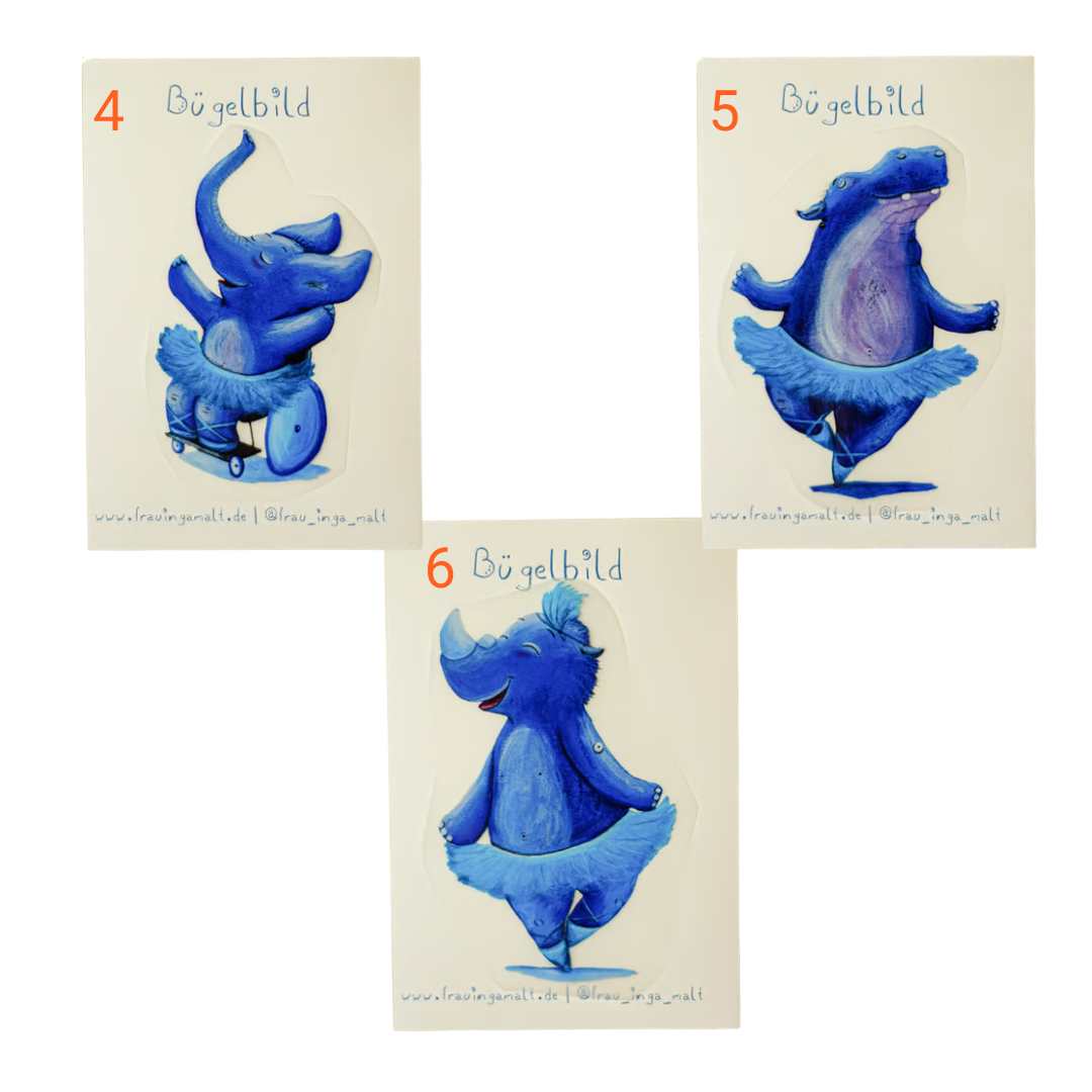 Auswahl von blauen Bügelbildern für individualisierbare Schultüte: Elefant, Nilpferd und Nashorn.