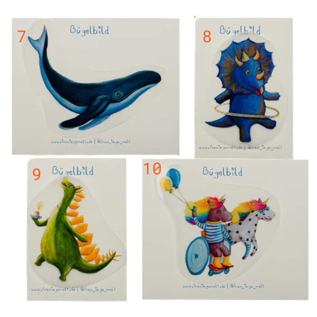 Auswahl von Bügelbildern für individualisierbare Schultüte: Wal, Dino, Drache, Einhorn.