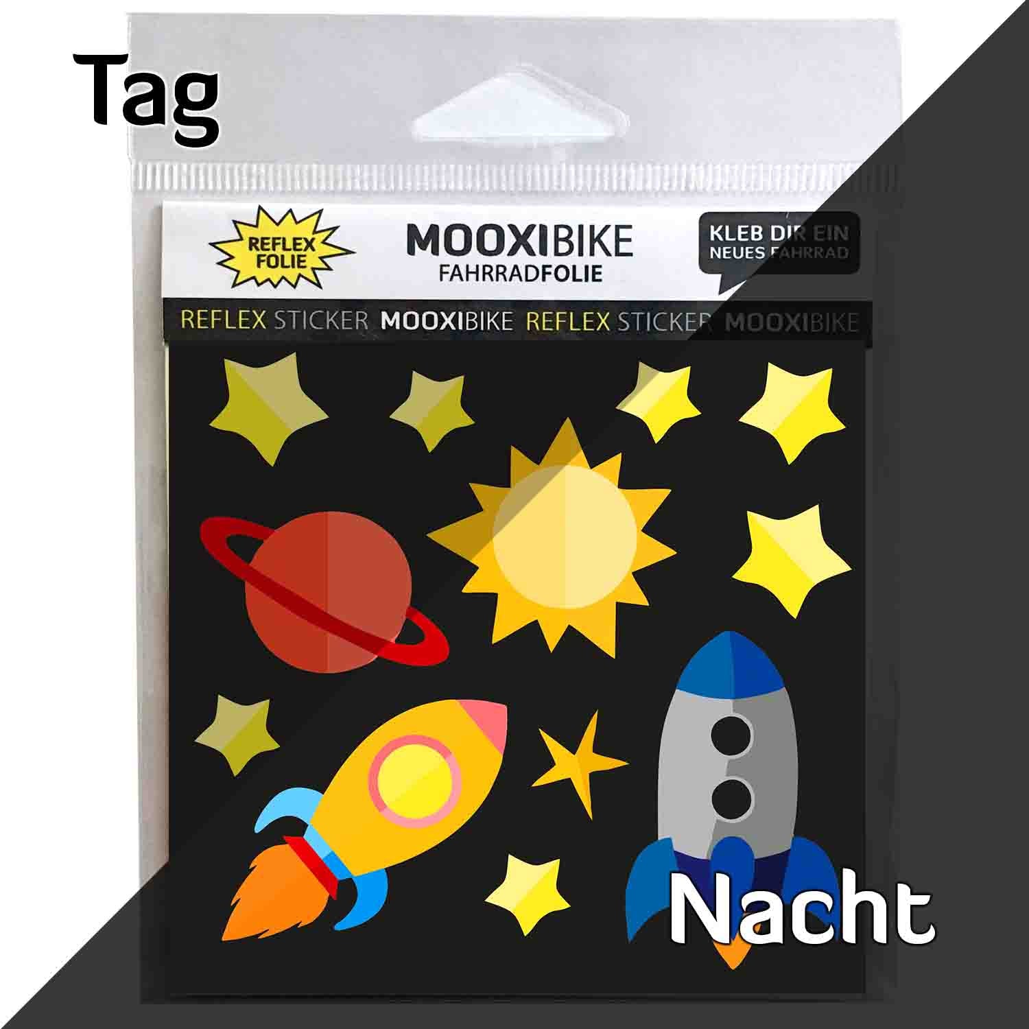 Reflexsticker Raketen Sterne Planeten Reflexfolie Tag und Nacht Ansicht