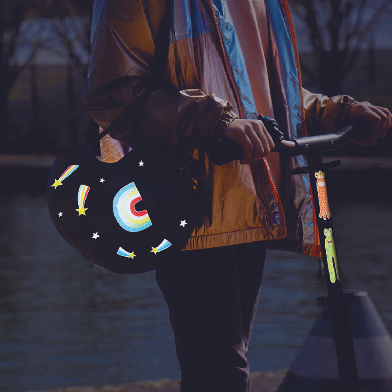 rainette reflexsticker regenbogen helm roller