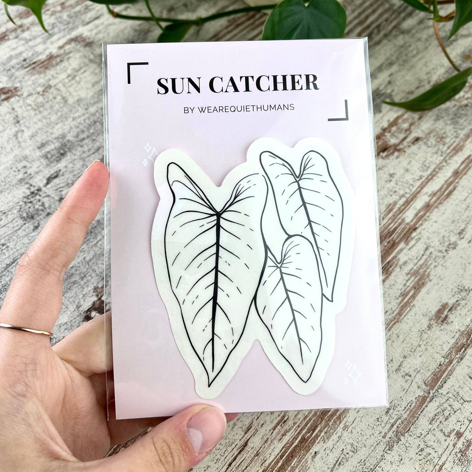 Suncatcher Sticker von Plantyintroverts in Form eines Philodendron Blattes.
