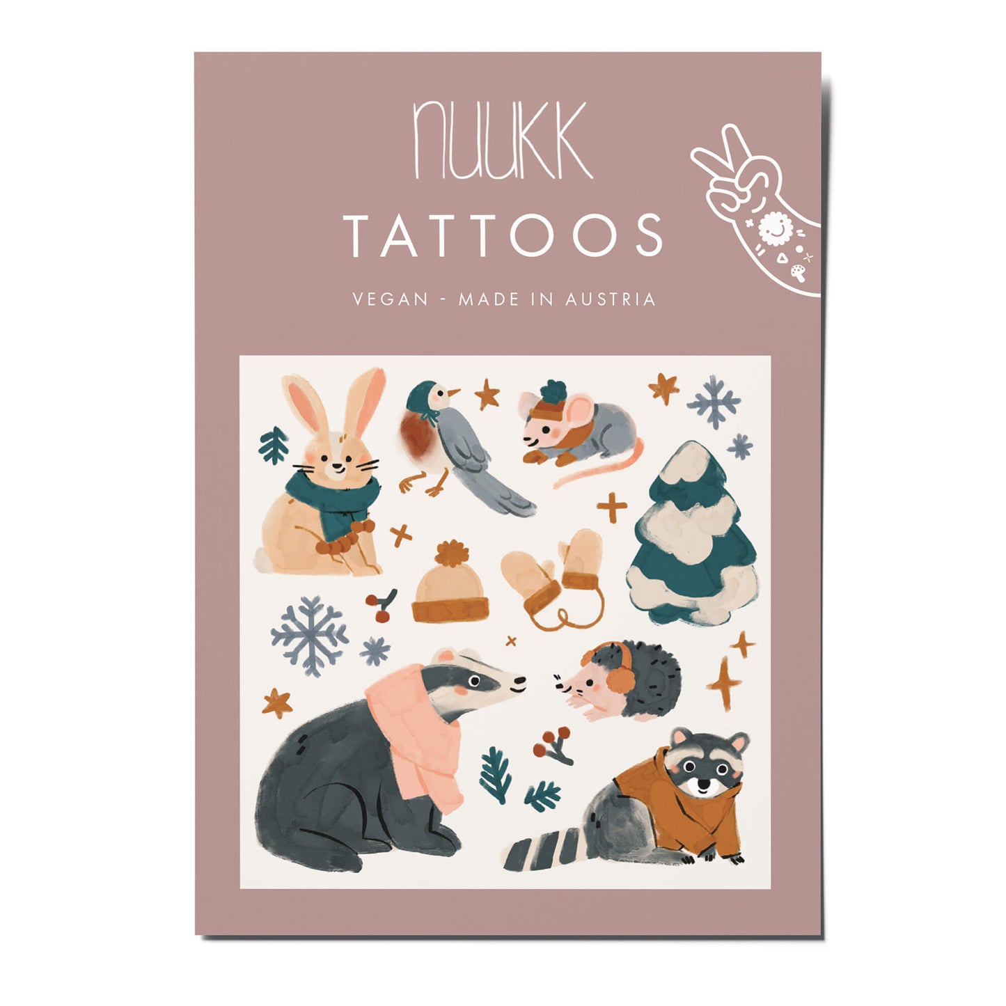 Tattoos von Nuukk mit winterlichen Wildtieren: Dachs, Hase, Waschbär, Igel.